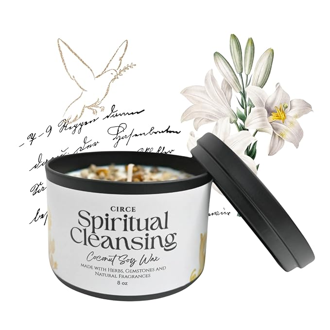 Circe Spell Candle “Spiritual Cleansing” Coconut Soy Wax Candle Jar– Premium Hand Poured & Long Burning– Herbs, Crystal & Natural Fragrance Oils- Clearing, Protection & Grounding- Self Care, Gift- 8oz