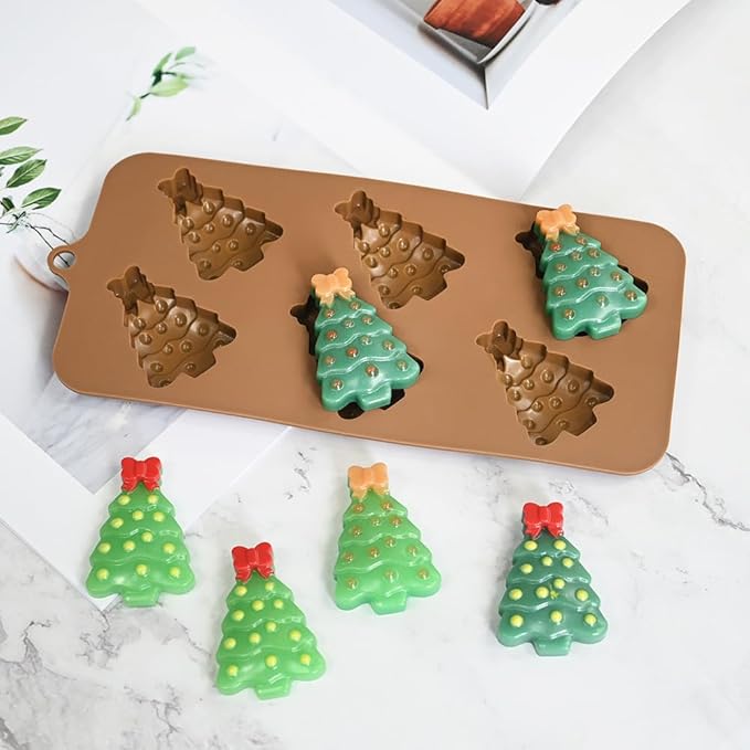 2 Pack Christmas Tree Silicone Candy Molds, 6 Cavities 3D Christmas Chocolate Molds with Bowknot Shape Design Non-Stick Holiday Silicone Mold Kit for Home Indoor Baking, Soap Making, Candle Resin
