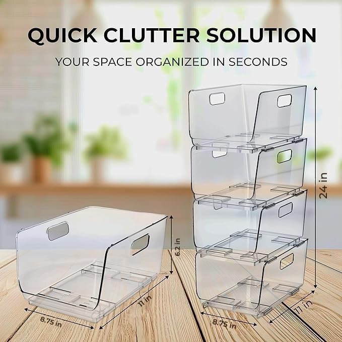 TidyFriend Plastic Stackable Bins for Pantry, 4 Pack Stacking Bins Open Front, Toy Organizers, Kitchen, and Bathroom Essentials (Clear- Hole Handle)