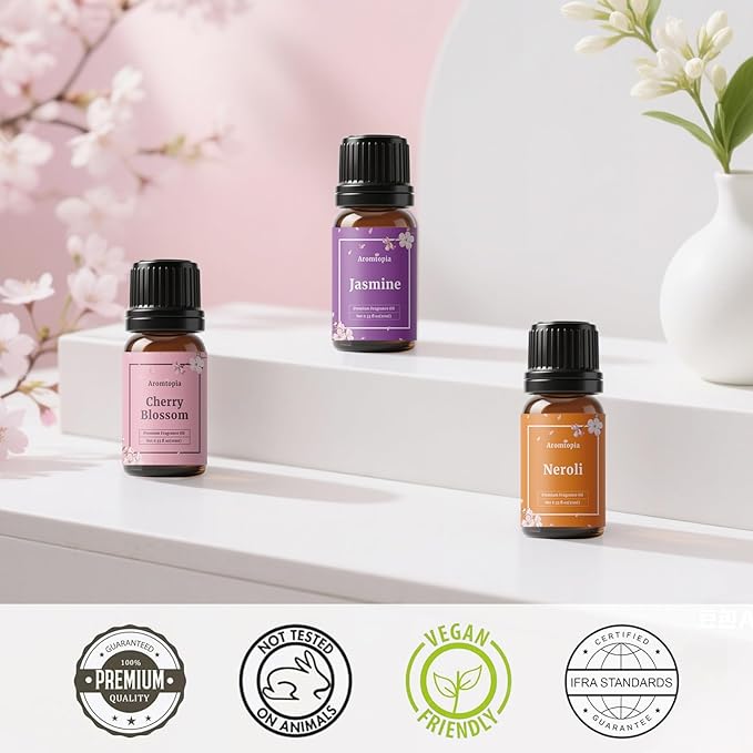 Floral Fragrance Oils, Aromtopia Flower Essential Oils for Diffusers for Home, 6x10ml, Fragrance Oil for Candle Soap Making, Lavender, Rose, Gardenia, Cherry Blossom, Jasmine, Neroli
