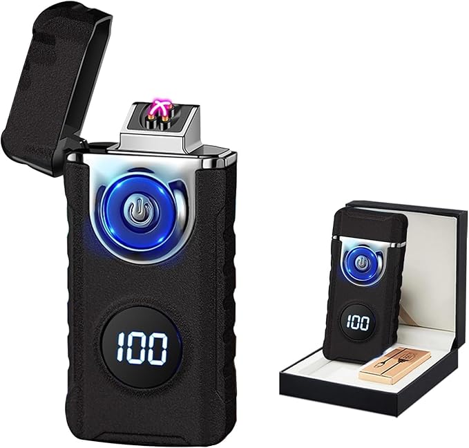 Electric Lighters Plasma Lighters Rechargeable with with LED LED Display and LED Emergency Lights Windproof USB Rechargeable Lighter Cool Lighte for Candle,Camping,Gift(Matte Black)