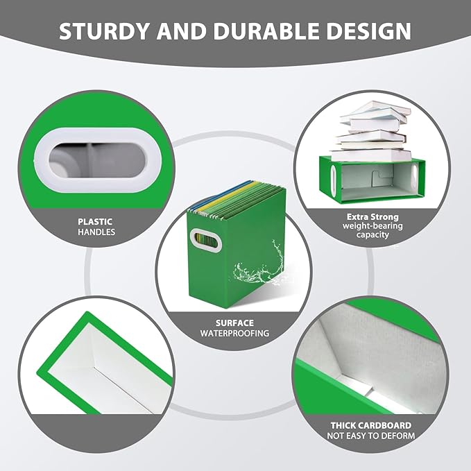 Hanging File Organizer Box, 3 Pack Green Cardboard File Folder Holder for Letter Size, Portable Desk Document Storage with Handles, for Office,Home,School