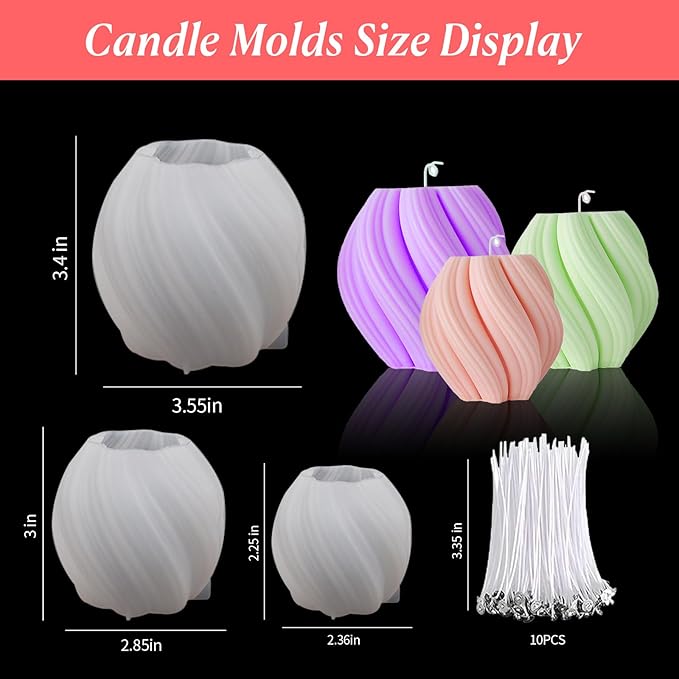 3 Pack Silicone Candle Molds with 10 Wax Cores - Wave Spiral Cylinder Shapes for Handmade Aromatic Candles,Soap Making, Wax Melts, Resin Casting, DIY & Home Decor
