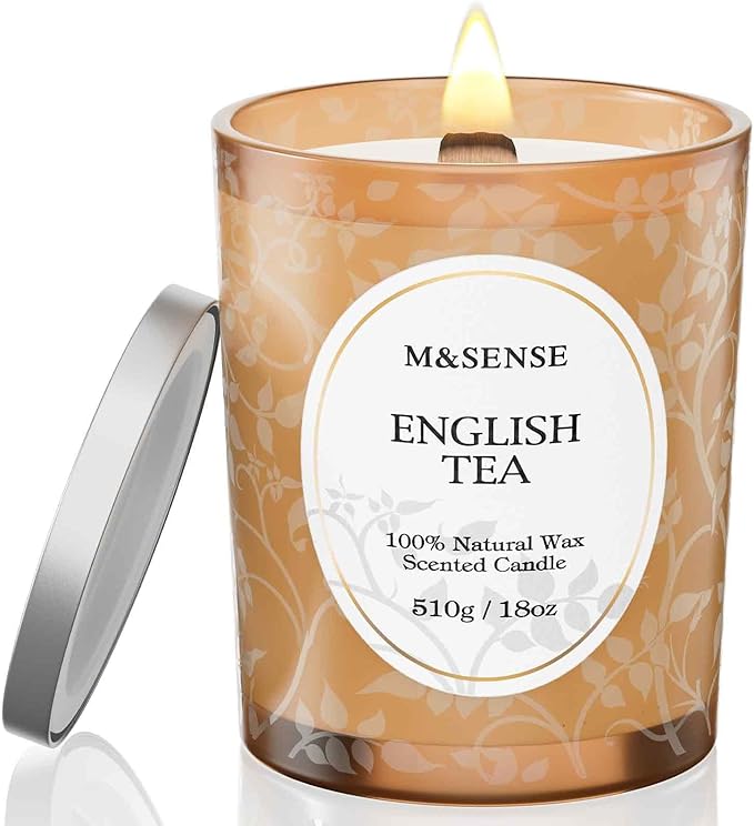M&SENSE English Tea Soy Candle, Cracking Wooden Wick 18oz 100 Hours Long Lasting Clean Burn, Large Jar Winter Aromatherapy Candle for Home Decor, Non-Toxic Relaxing Gifts for Women
