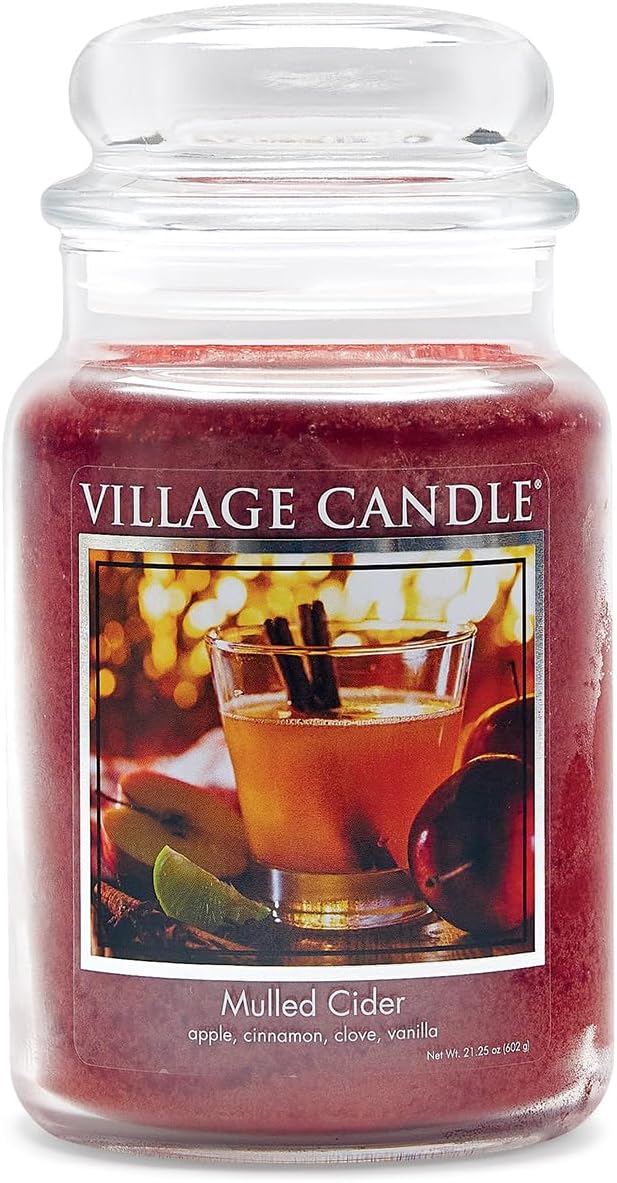 Village Candle Mulled Cider Large Glass Apothecary Jar Scented Candle, 21.25 oz., Red