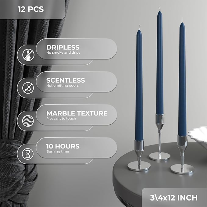 CANDWAX 12 inch Tapered Candles Set of 12 - Dripless and Smokeless Candle Sticks - Dark Blue Candle