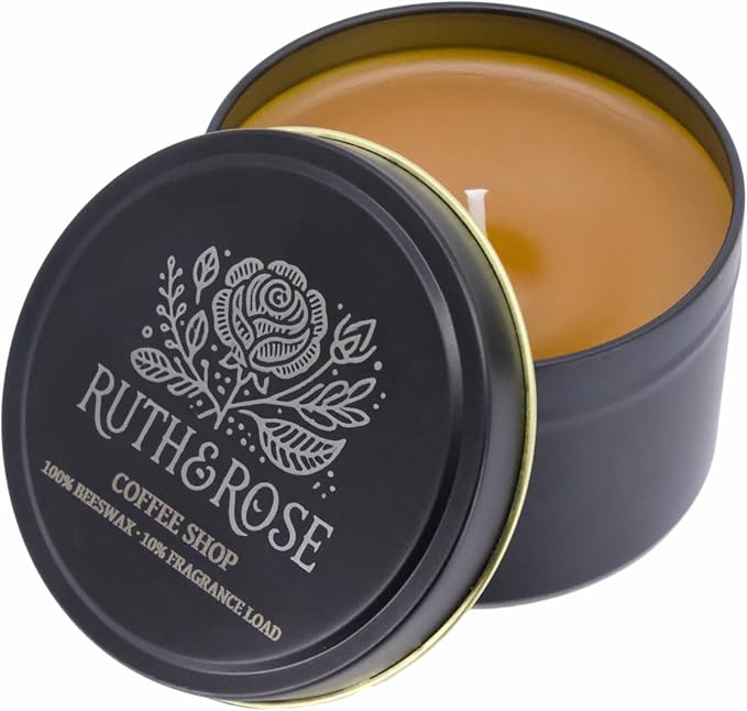 RUTH & ROSE | Coffee Shop | 100% Beeswax Scented Candles for Home, 8oz, +65 Hours Burn Time, Aromatherapy Non Toxic Candles, Gift for Women & Men, Made in USA, Perfect for Travel or Gifting