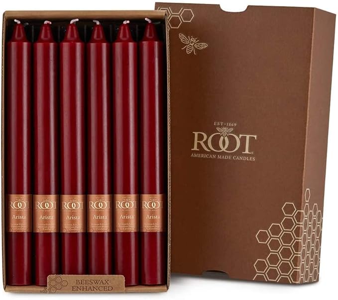 Root Candles Unscented Dinner Candles Premium Beeswax Blend Boxed Candle Set, 9-Inch, Garnet, 12-Count