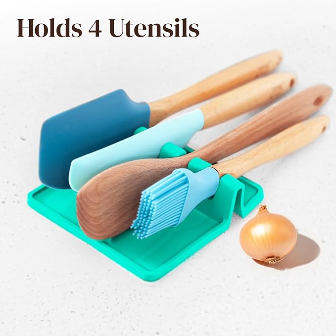 Cooler Kitchen Aqua Green Silicone Spoon Rest for Stove Top with Drip Pad (Two Pack) - Heat-Resistant, BPA-Free Utensil Rest & Spoon Holder for Kitchen Counter - Grill Utensil Holder for Spatulas