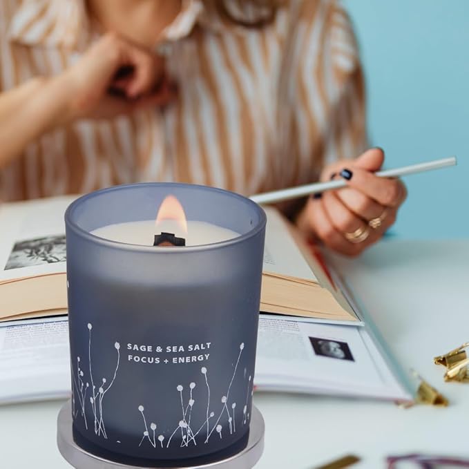 White Sage Sea Salt Wood Wick Soy Scented Candle, 10.6 oz | Sage Candle for Cleansing House | Aromatherapy Energy Cleansing Candle for Home, Meditation, Clean Burning Long Lasting
