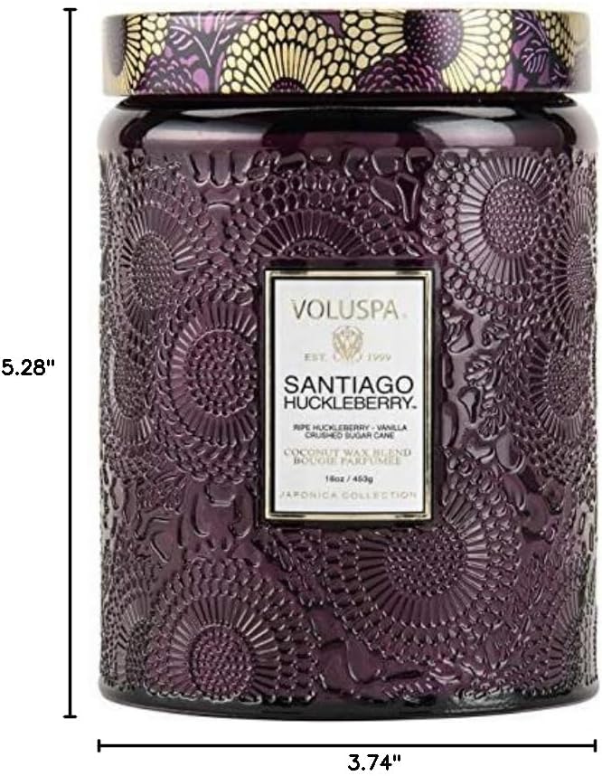 Voluspa Santiago Huckleberry, Large Candle Jar, 18 oz, 100 Hour Burn Time, All Natural Wicks and Coconut Wax for Clean Burning, Vegan, Poured in The USA