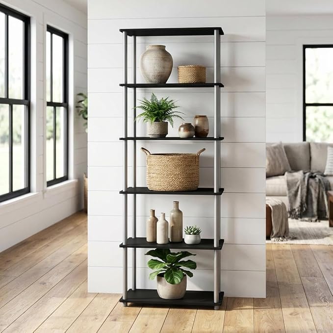 Furnifact Black Grey Bookcase with Sturdy Wooden Construction, Modern Design, Stylish Storage Solution, Suitable for Home or Office Use