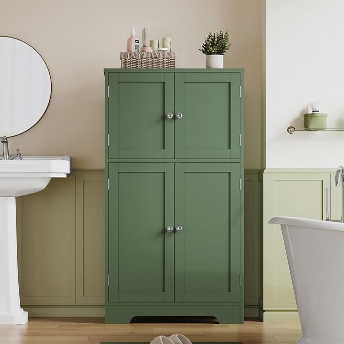 TEENFON Bathroom Storage Cabinet, Bathroom Cabinet with 4 Doors & 2 Adjustable Shelves, Cupboard, Cabinets for Living Room, Entryway, Office, Forest Green