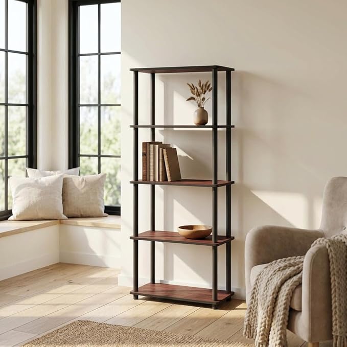 Furnifact Dark Cherry Black Bookcase with Wooden Construction and Modern Design, Sturdy Storage Solution for Living Room or Office, Elegant Finish