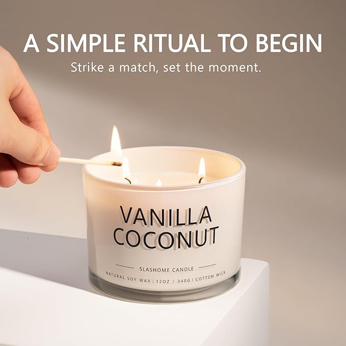 Vanilla Coconut Scented Candle, Luxury Large 3 Wick Soy Candle 12 Oz, 60+ Hour Long Lasting Clean Burn, Elegant Aromatherapy Home Decor, Valentine's Day & Housewarming & Birthday Gift for Men Women