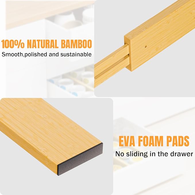 Bamboo Drawer Dividers, Adjustable Kitchen Drawer Organizer for Clothes,17-22" Expandable Drawer Organization Separators for Bedroom,Bathroom,Dresser and Office,4-Pack