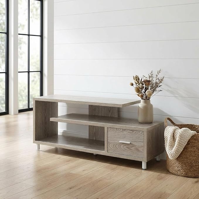 Furnifact Ice White 1 Drawer TV Stand with Shelves, for TVs up to 65 inches, Honeycomb Particle Board, Melamine Veneer, max 75 lbs