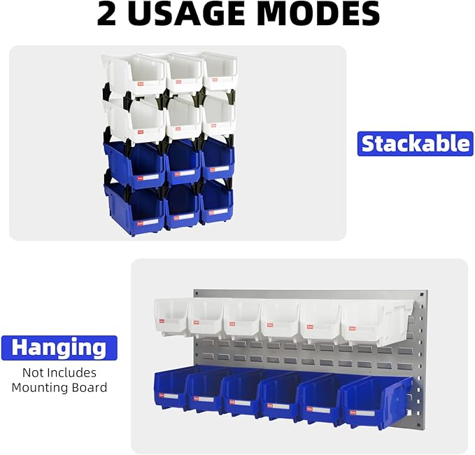 Stackable Storage Bins 12 Pack (11x5x5 Inch), Plastic Stackable Storage Organizer Bins Wall Mounted Hanging Small Parts Bin for Garage, Workbench & Office (Blue & White)