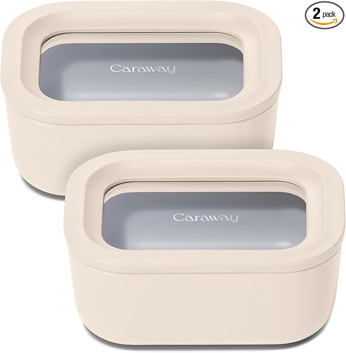 Caraway 2pc Glass Food Storage Set - 2.6 Cup Food Containers (2) - Non-Toxic Ceramic-Coated Glass - Air Release Technology - Compact & Stackable Design - Cream