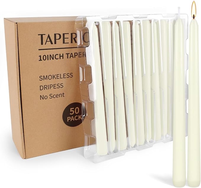 50 Pack Ivory Taper Candles 10 Inch - Classic Soft White Dinner Candles, Dripless Unscented Premium Wax with Cotton Wick, 8-Hour Burn Time for Wedding, Vintage & Formal Table Decor