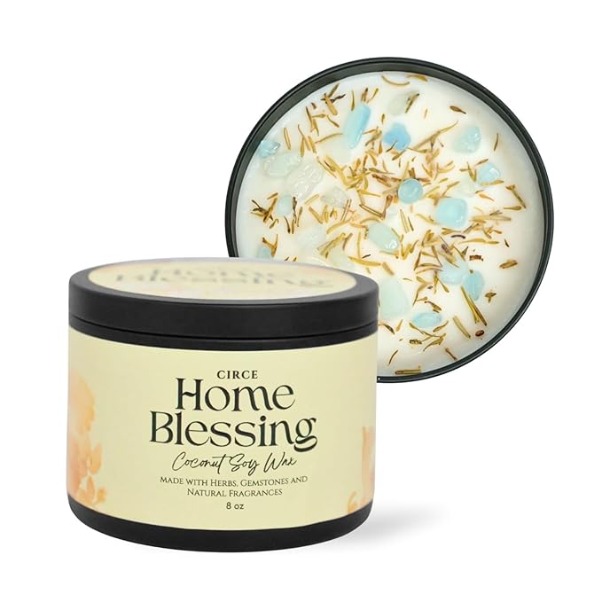 Circe Spell Candle “Home Blessing” Coconut Soy Wax Candle Jar – Premium Hand Poured & Long Burning – Herbs, Crystals & Natural Fragrance Oils- Peaceful, Cleansed & Loving Space - Self Care, Gift- 8oz