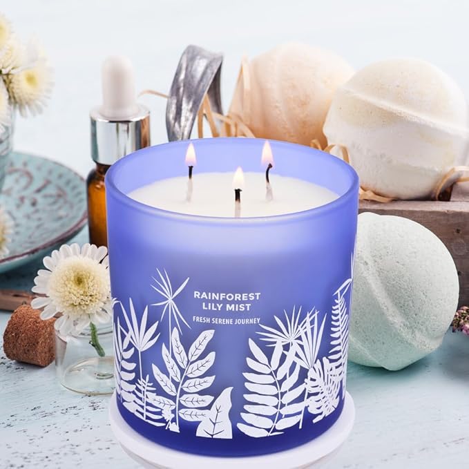 Large 3-Wick Soy Candle 14.5oz | Rainforest Lily Mist Scented Candle | Fresh Floral Aromatherapy Candle | Slow & Clean Burning | Luxury Relaxation Gift for Women and Men