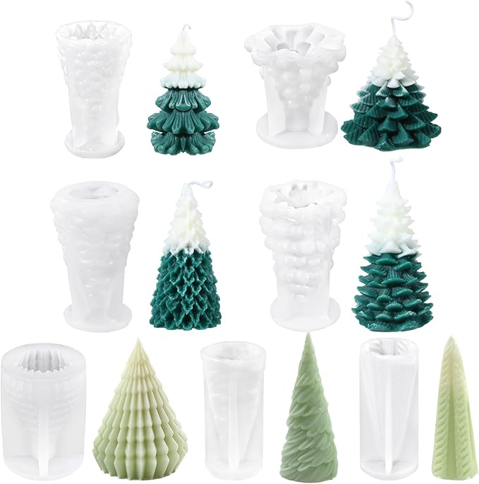 Soaoo 7 Pcs Christmas Tree Candles Molds Silicone 3D Pine Tree Mold for Candle Making Resin Epoxy Handmade DIY Casting Mold for Soap Craft Christmas Making Kit Gift Home Party Decoration