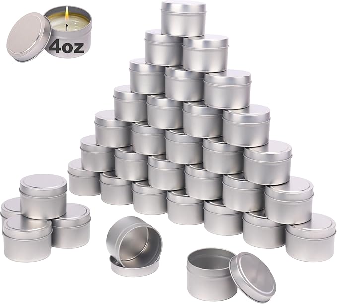 48 Pack 4 oz Sliver Metal Candle Tins with Lids, Round, Matte Finish, for DIY Candle Making and Storage