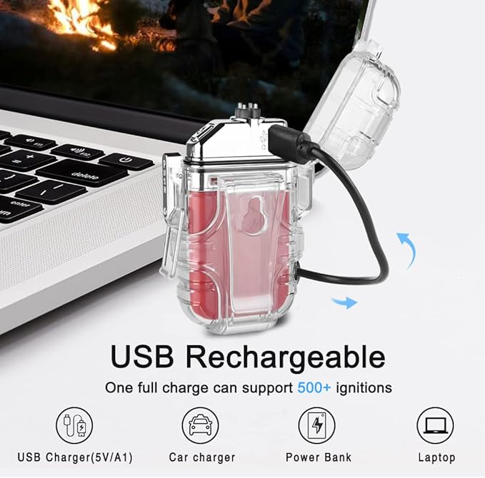 SUPRUS Waterproof 3 Modes of Flashlight Windproof Lighter Dual Arc Electric Rechargeable Dual Arc Plasma Lighter with Survival Emergency Whistle and Lanyard (Red)