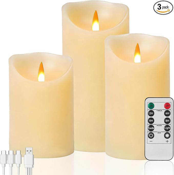 Autbye Rechargeable Flameless Candle, Realistic 3D Flickering Warm Flame, LED Candle with Remote Control & Timer for Holiday, Wedding, Patio and Home Decoration