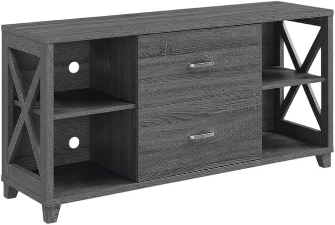 Furnifact Gray Deluxe 2 Drawer TV Stand with Shelves for Up to 55-Inch TVs, Transitional Coastal Style, Particle Board MDF Construction
