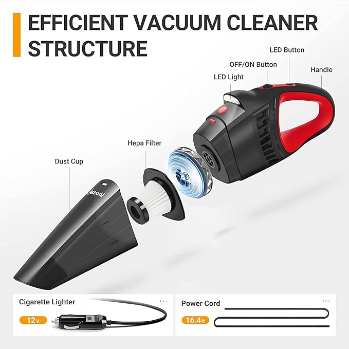 AstroAI Car Vacuum Cleaner, Portable Handheld Vacuum and Car Accessories, 16.4 Ft Cord-12V DC Power, LED Light, w/3 Attachments，Auto Accessories Kit for Interior Detailing for Quick Cleaning (Red)