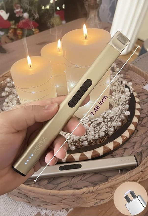 REIDEA Electric Lighter R1 Flat Candle Lighter, Windproof Flameless USB Rechargeable Arc with Safe Button and Power Indicator for Candle, BBQ and Fireworks, Rose Gold
