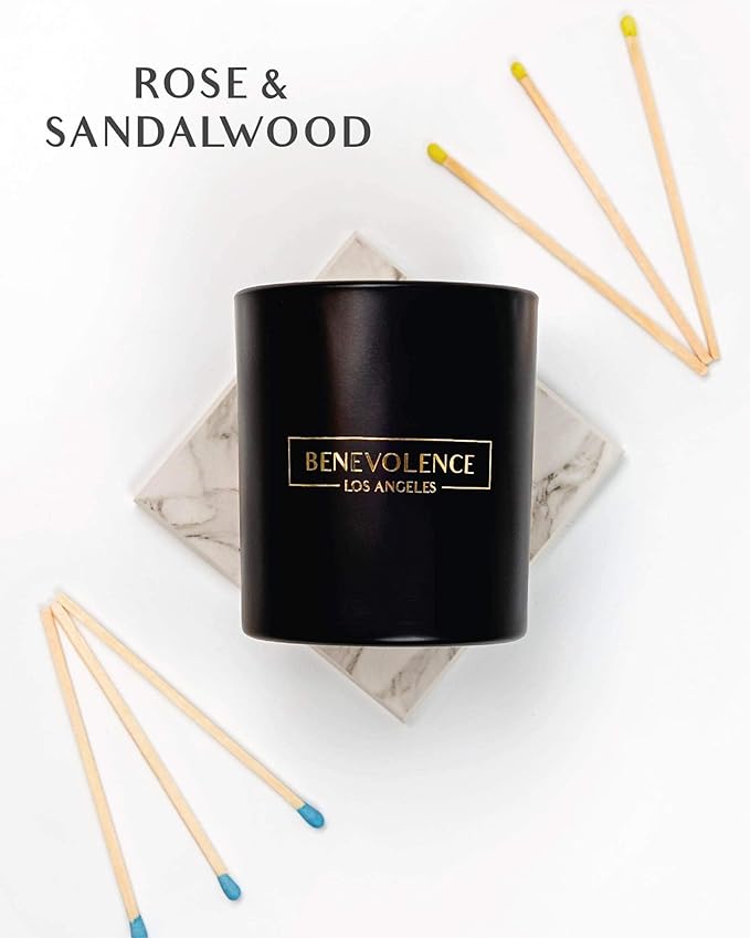 Benevolence LA Rose & Sandalwood Scented Candle | Soy Christmas Candles, Black Candle for Home | Holiday Candles Gifts for Women and Men | Home Fragrance | Aromatherapy | 8oz, 45 Hour Burn