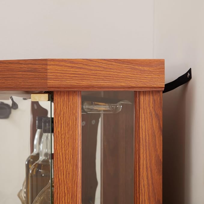 Corner Lighted Glass Curio Cabinet for Living Room Space Saving Vertical Tall Display Case with Light for Antique Wine Bar Glass Storage (Dark Oak)