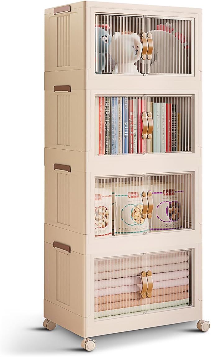 STORAGEBUD 4 Tier Plastic Stackable Storage Bins Open Front with Lids & 360° Wheels 35 QT - Collapsible Storage Bins Home Office Closet Storage Organization, Foldable Clothes Storage Cabinet, 8.8 GAL
