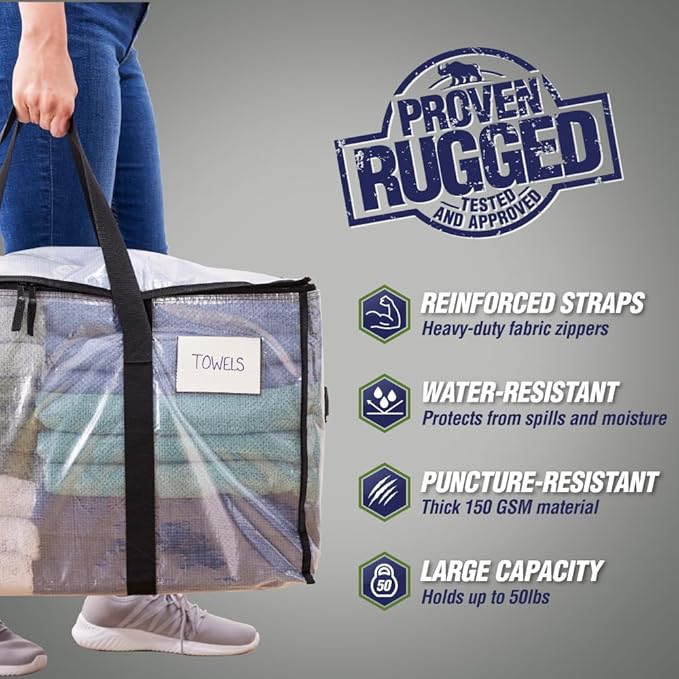 RUGGED RHINO Heavy Duty Extra Large Moving Bags, Durable Bag with Strong Handles and Zipper, Moving Boxes Alternative for College Packing, Holiday Décor, Space Saving Storage with Label, 2 Pack Clear