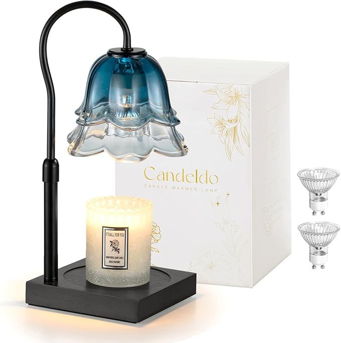Candeldo Candle Warmer Lamp with Timer: Navy Blue Flower Candle Warming Lamp with 2 Bulbs Height Adjustable Wax Warmer Dimmable Bedroom Decor Mothers Day Birthday Gift for Women