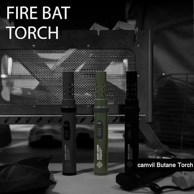 Camping Lighter, Torch Lighter, Windproof Jet Flame Butane Refillable Adjustable Flame with Safety Lock&Fule Guage for Campfires Kitchen Hiking Candles Fireplace BBQ Outdoor Camping Essentials(Green)