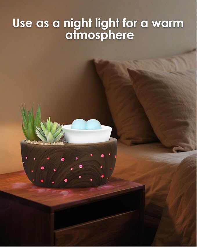 Ceramic Wax Melt Warmer with Japanese Design, 4-in-1 Electric Wax Warmer with PTC Heating Plate and 7-Color LED Lights, Succulent Bowl for Wax Melting, Oil Diffusion, Home Office Spa Decor