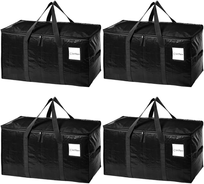 SINLAND 4 Pack Extra Large Heavy Duty Moving Bags with Strong Zippers, Reinforced Handles and Tag Pocket, Packing Totes Supplies for College Dorm Room, Packing Bags for Saving Space (Black)