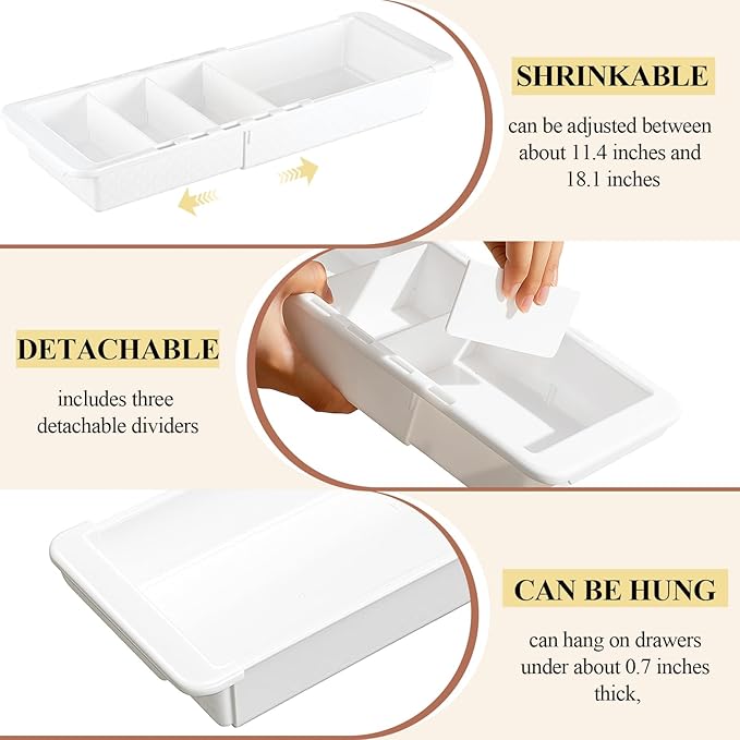 3 Pcs Expandable Drawer Organizer Bins Adjustable Deep Drawer Hanging Organizer Tray Expandable 11.4 to 18.1 Inches Plastic Dividers Storage for Office Bathroom Bedroom Kitchen Desk, White