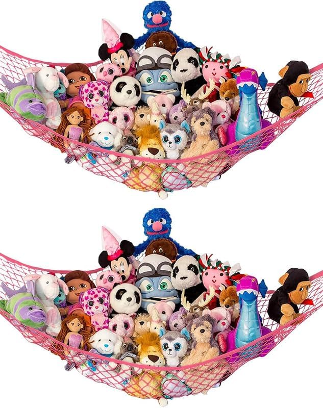 Lilly's Love Large Stuffed Animal Hammock | Corner Hanging Organizer, Toy Storage, Stuffed Animal Storage Net | Made from Quality Fishing Net, Holds 12lbs | 79"x63"x63" (Coral, 2 Pack)