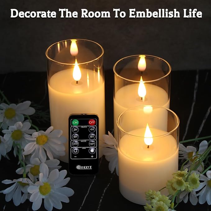 Rechargeable Flameless Glass Pillar Candles–Mothers Day Gifts,–Set of 3, Realistic Flickering LED Light,Remote & Timer, Ideal for Living Room, Bedroom & Birthday Gifts for Mom