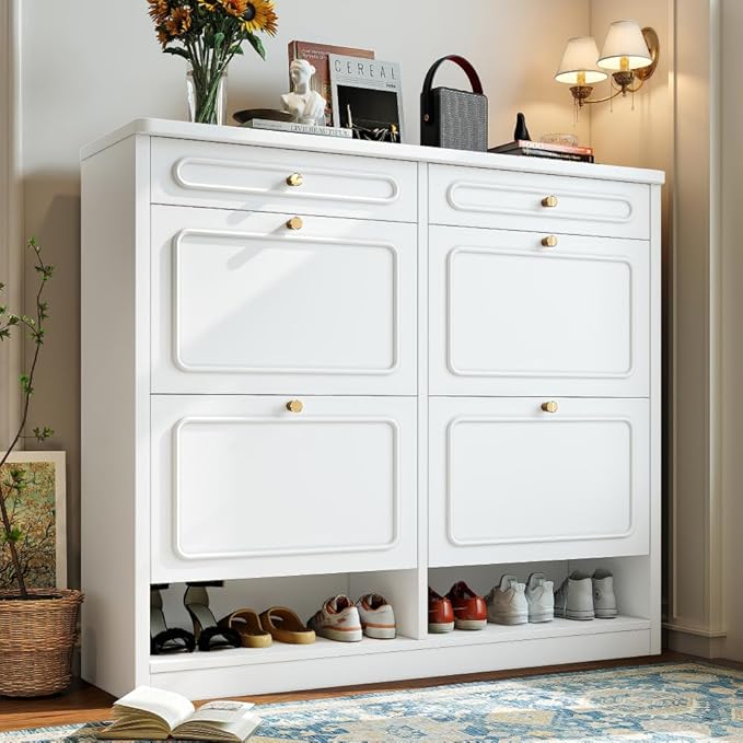 Wooden Shoe Cabinet with 4 Flip Drawers 2 Storage Drawers Farmhouse Style Shoe Organizer for Classified Storage Black (Light White)