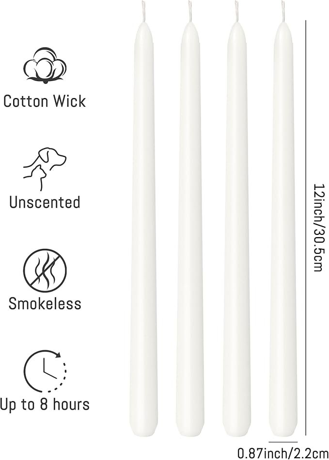Viyffo Taper Candles, 12 Inch, 20 Pack, White – Unscented, Dripless & Smokeless Design, Up to 8-Hour Burn – Tall Candlesticks for Wedding, Dinner & Home Decor