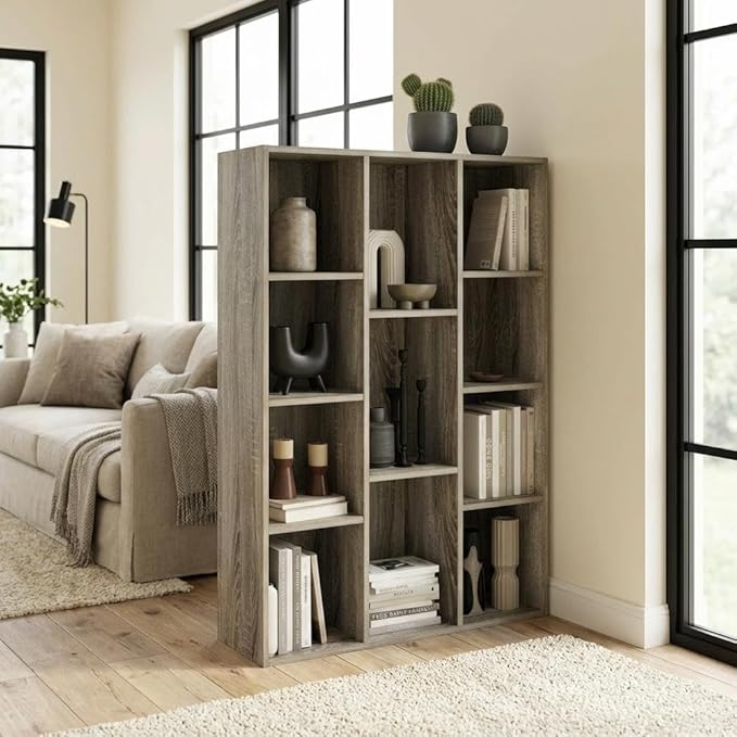 Furnifact French Oak 11-Cube Reversible Open Shelf Bookcase, Durable Wood Construction, Multi-Functional Storage Solution, Modern Wooden Design