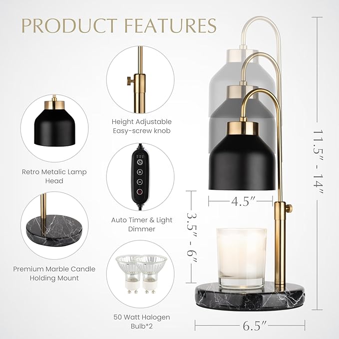 Marble Candle Warmer Lamp with Timer & Dimmer - Adjustable Height Electric Wax Melt Warmer fit for All Jar Candle Sizes, Premium Marble Base - Flameless Fragnance Lamp for Home Decor & Gifts