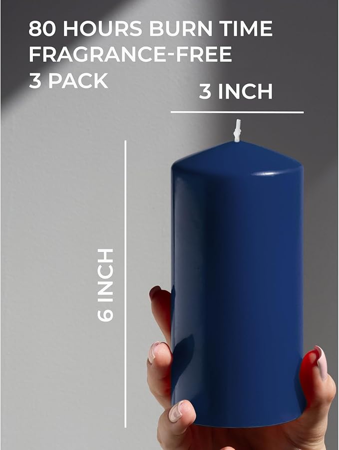 Candwax 3x6 Pillar Candles Set of 3 - Navy Blue Candles Pillar - 80-Hour Burn Time Self-Extinguishing Long Lasting Candles for Home Decor - Cone-Top Dark Blue Pillar Candles