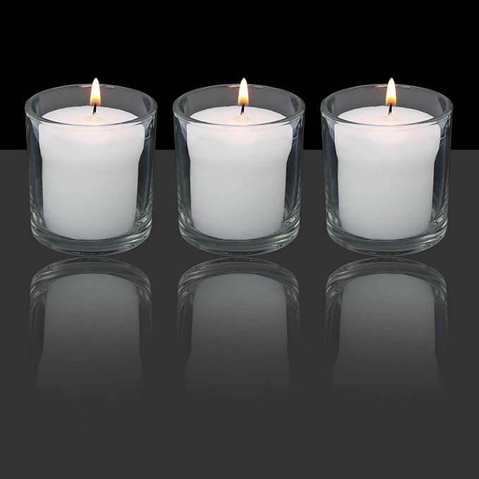 White Votive Candles in Clear Glass Jar 24 Hour Long Burning Time Decorative 1 Day Candle Cups Unscented for Dinner Wedding Centerpieces -6 Pack